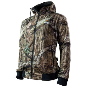 Gobi Heat camouflage hooded jacket with black trim and front zipper