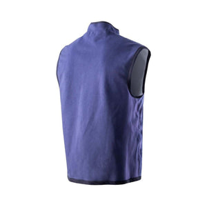 Back view of a blue fleece vest with black trim