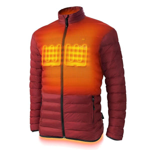 Gobi Heat red puffer jacket showing internal heating elements in the chest area