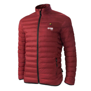 Gobi Heat red quilted heated jacket with black zipper and logo