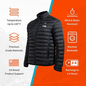 Gobi Heat black puffer jacket with feature icons for temperature, weather resistance, washability, and battery life
