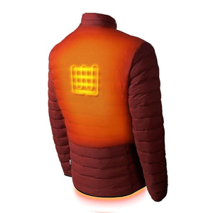 Back view of Gobi Heat red puffer jacket showing internal heating element grid
