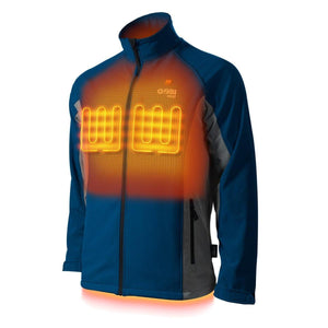 Gobi Heat blue softshell jacket with glowing orange chest heating elements