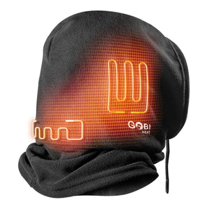 Gobi Heat black fleece balaclava with glowing orange heating elements visible
