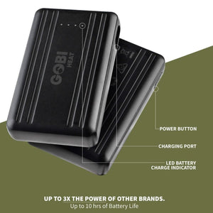 Gobi Heat power bank showing power button charging port and LED battery charge indicator
