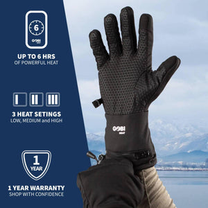 Gobi Heat black heated glove with six hour battery life, three heat settings, and one year warranty
