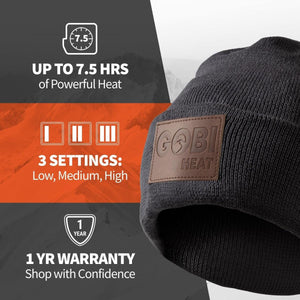 Gobi Heat beanie showing 7.5 hours of heat, 3 heat settings, and 1 year warranty
