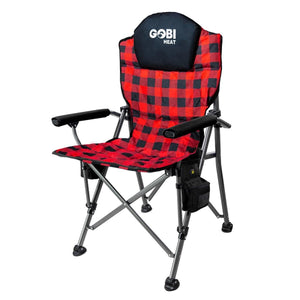 Gobi Heat red and black plaid folding camping chair with armrests and side storage