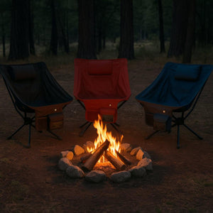 Three Gobi Heat camping chairs arranged around a stone fire pit in a forest