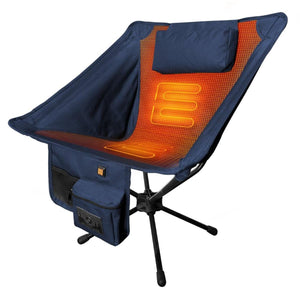 Gobi Heat blue camping chair with integrated heating elements in the seat and backrest