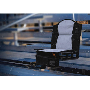 Gobi Heat heated stadium seat on metal bleachers during snowfall