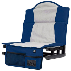 Blue and grey folding stadium seat with mesh pocket and Adventure logo patch