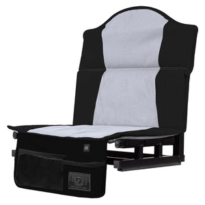 Black and grey portable stadium seat with mesh pocket and adventure logo patch