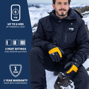 Man wearing Gobi Heat jacket and gloves with text highlighting 6 hours of heat, 3 settings, and 1 year warranty