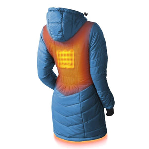 Back view of a blue hooded heated jacket showing the internal heating element grid