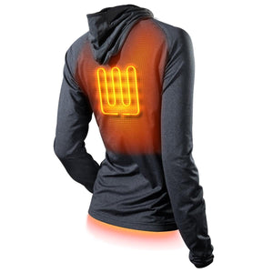 Back view of a grey hooded jacket showing internal heating elements glowing orange on the upper back