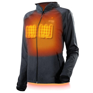 Gobi Heat women's grey hooded jacket with glowing orange heating elements on the chest