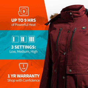 Gobi Heat jacket features nine hours of heat three temperature settings and a one year warranty
