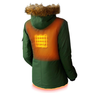 Back view of Gobi Heat green parka showing internal heating element grid