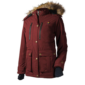 Gobi Heat burgundy heated parka with faux fur hood and multiple pockets