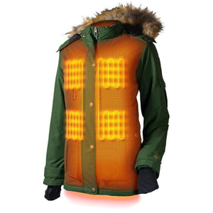 Gobi Heat green parka with highlighted internal heating zones
