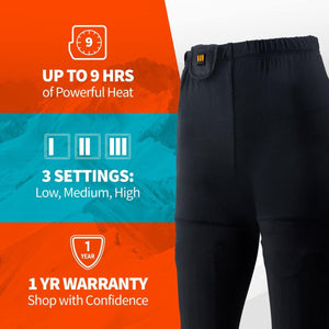 Gobi Heat black heated pants showing 9 hour battery life 3 heat settings and 1 year warranty
