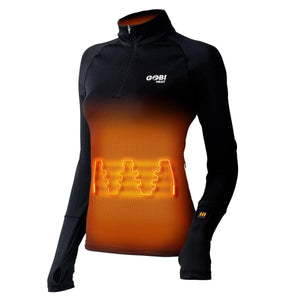 Gobi Heat black long sleeve base layer with glowing orange heating elements on the torso