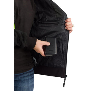 Person placing a Gobi Heat battery pack into the interior pocket of a black jacket