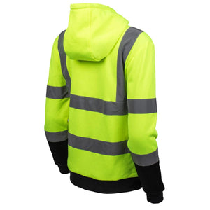 High visibility yellow hooded sweatshirt with reflective silver stripes and black cuffs