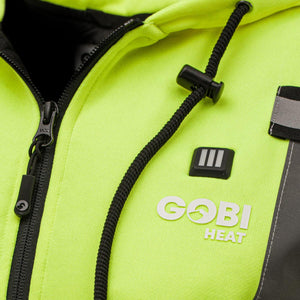 Close up of Gobi Heat neon yellow hooded jacket with power button and zipper