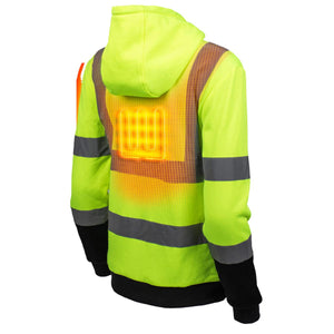Back view of Gobi Heat high visibility yellow hooded sweatshirt with reflective stripes and glowing back heating element