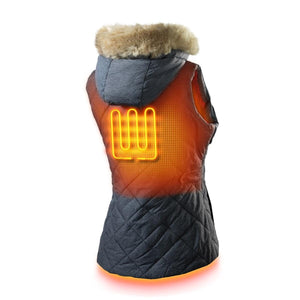 Gobi Heat grey quilted heated vest with faux fur hood showing back heating element