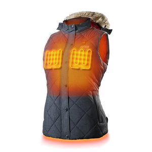 Gobi Heat women's grey quilted heated vest with faux fur hood