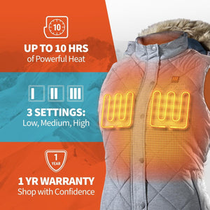 Gobi Heat vest features 10 hours of heat, 3 settings, and a 1 year warranty