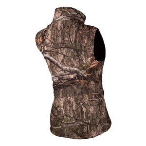 Back view of Gobi Heat women's heated vest in Mossy Oak camouflage pattern