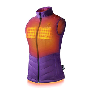 Gobi Heat purple heated vest with visible heating elements on the chest