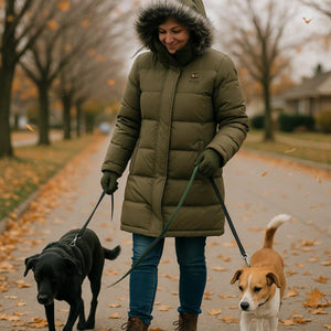 Woman wearing olive green Gobi Heat parka walking two dogs on a path with autumn leaves