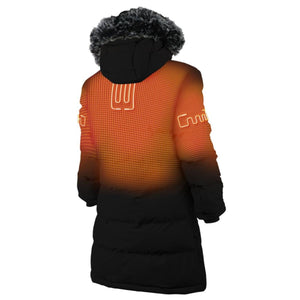 Back view of Gobi Heat parka showing internal heating zones with orange grid pattern