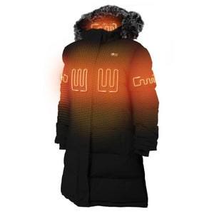 Black hooded parka with internal heating element grid overlay