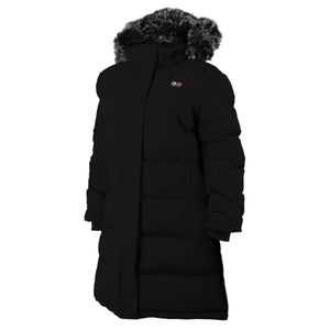 Black hooded parka with faux fur trim