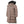 Taupe long puffer coat with a faux fur hood and front zipper closure