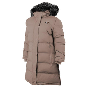 Taupe long puffer coat with a faux fur hood and front zipper closure
