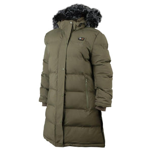 Gobi Heat olive green women's heated parka with faux fur hood