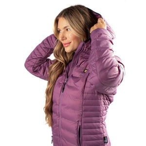 Woman wearing a purple Gobi Heat quilted hooded jacket
