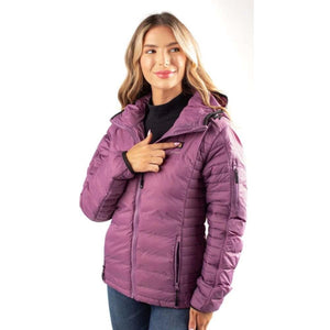 Woman wearing a purple quilted heated jacket with a hood