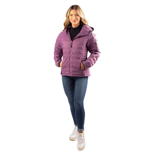 Woman wearing a purple Gobi Heat hooded puffer jacket with jeans and white sneakers