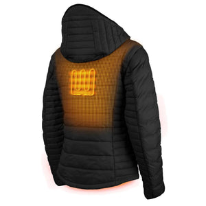 Back view of black hooded puffer jacket with glowing orange heating element grid on the upper back