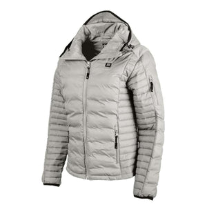 Gobi Heat grey quilted hooded heated jacket with front zipper and side pockets