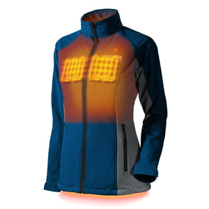 Blue and grey softshell heated jacket with glowing chest heating elements