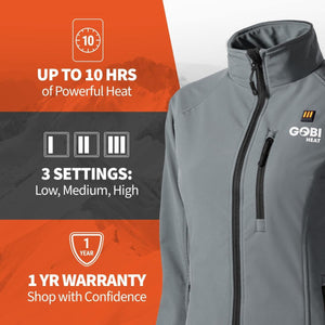 Gobi Heat jacket features 10 hours of heat, 3 heat settings, and a 1 year warranty
